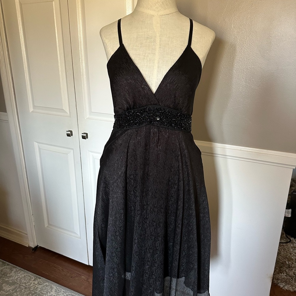Black Spaghetti Strap V-Neck Midi Dress